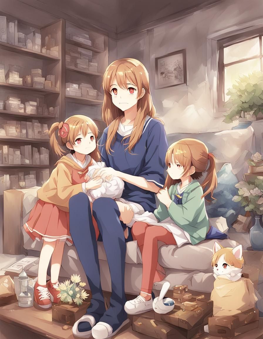 Anime-Style Image of Mother with Daughters