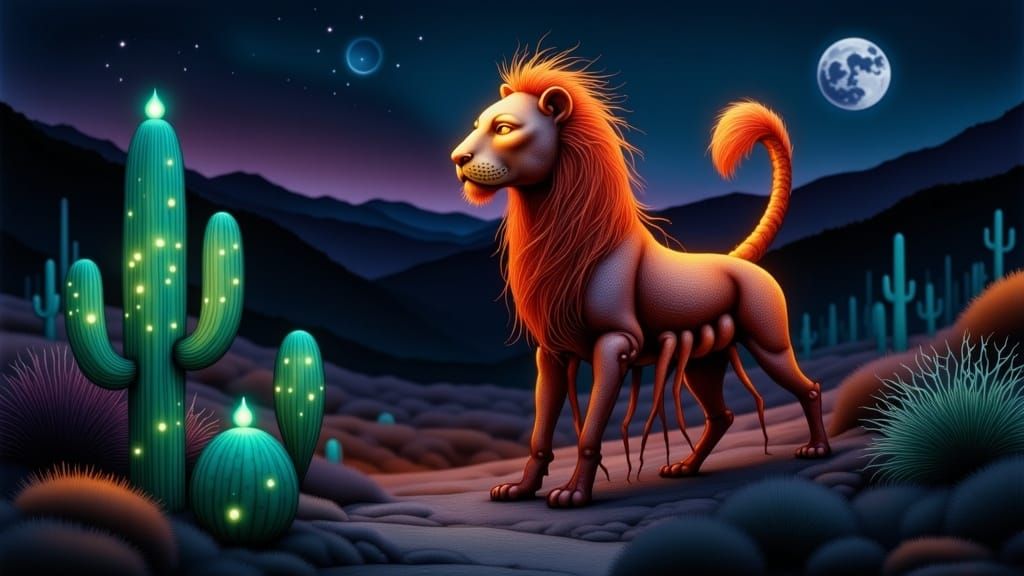 Lion-Scorpion in Mystical Desert, Surrealist Style