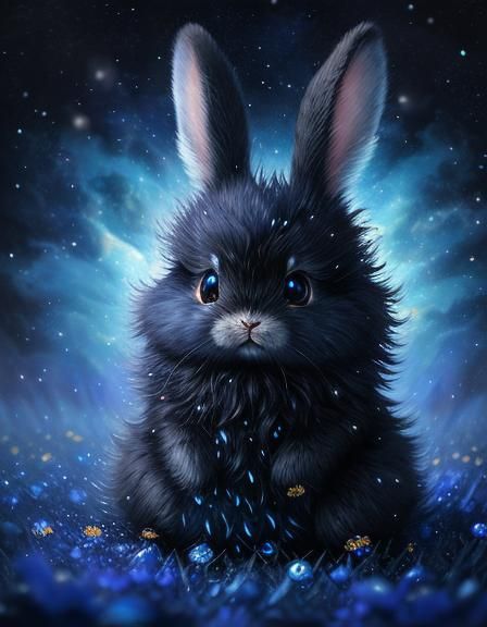 Fluffy Fantasy Bunny in Flower Rain as Oil Painting