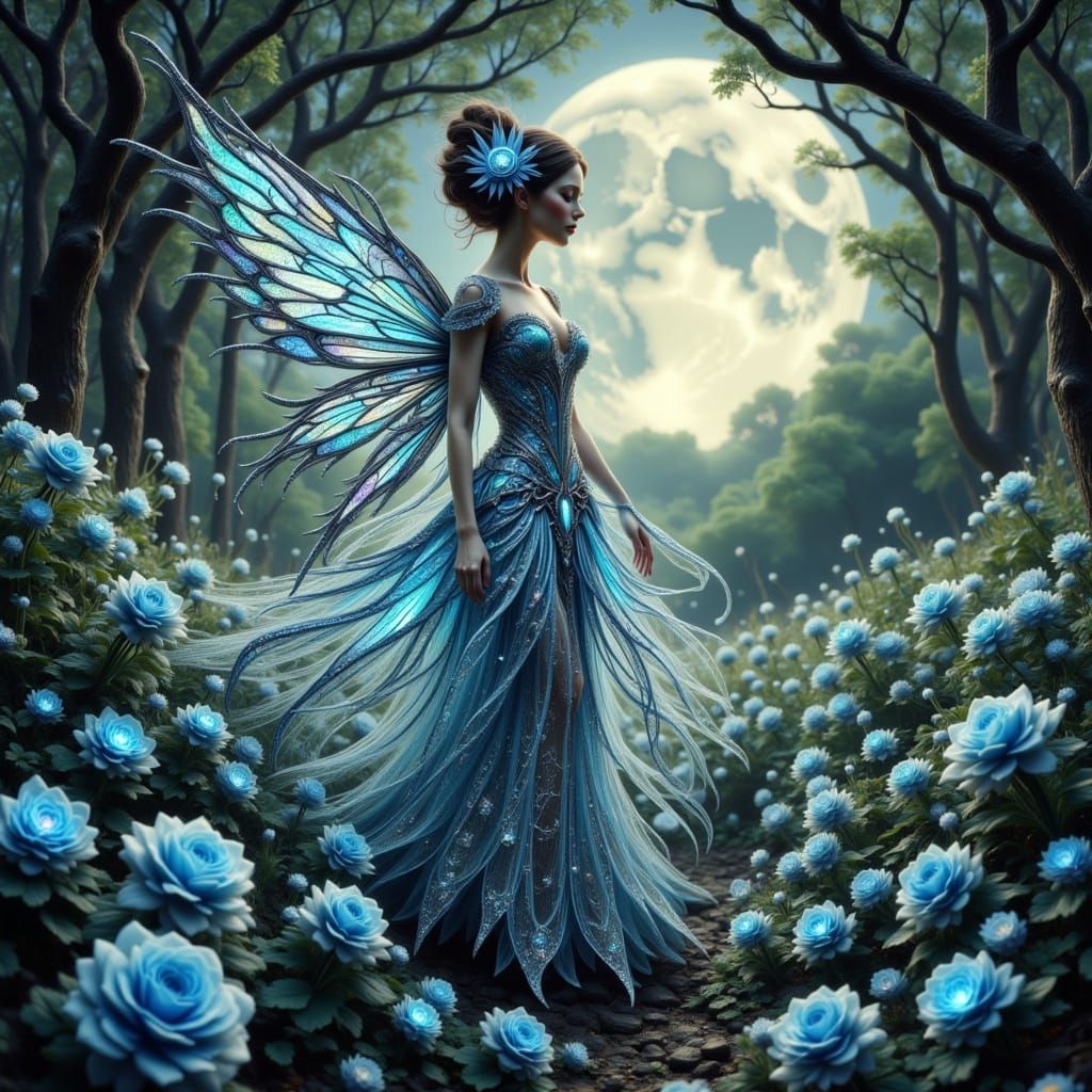 Stained Glass Fairy in Bioluminescent Moon Garden