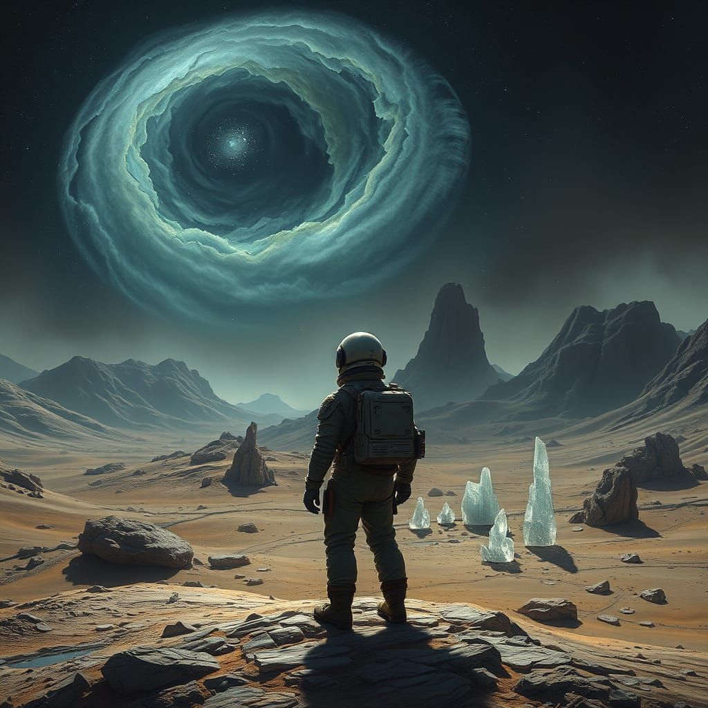 Astronaut Gazes at Nebula on Alien World in Dark Fantasy Sty...