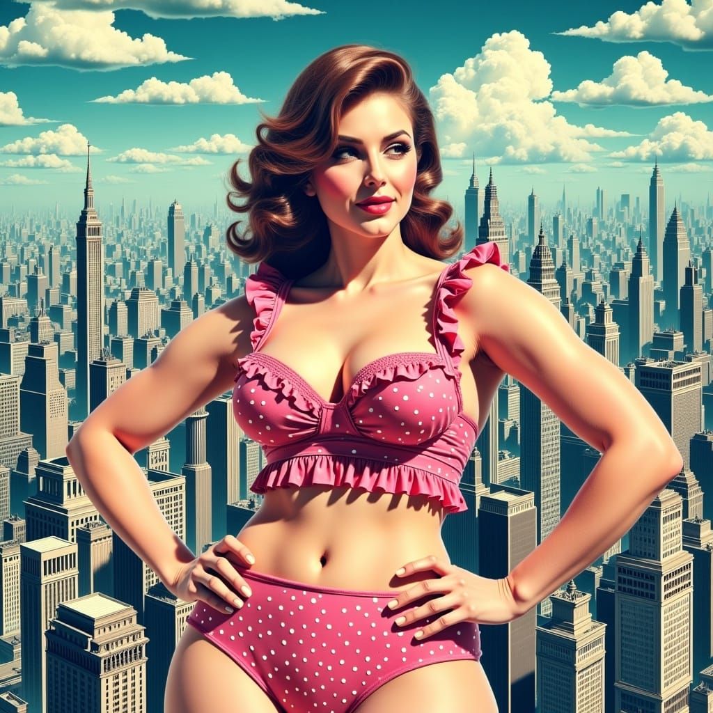 Gigantic Woman in Bikini Over Metropolis