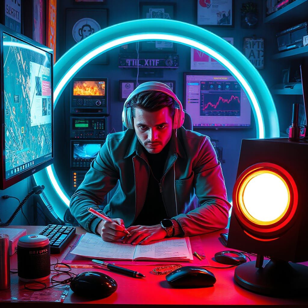 Futuristic Artist Designing a Contest Entry in Cyberpunk Sty...