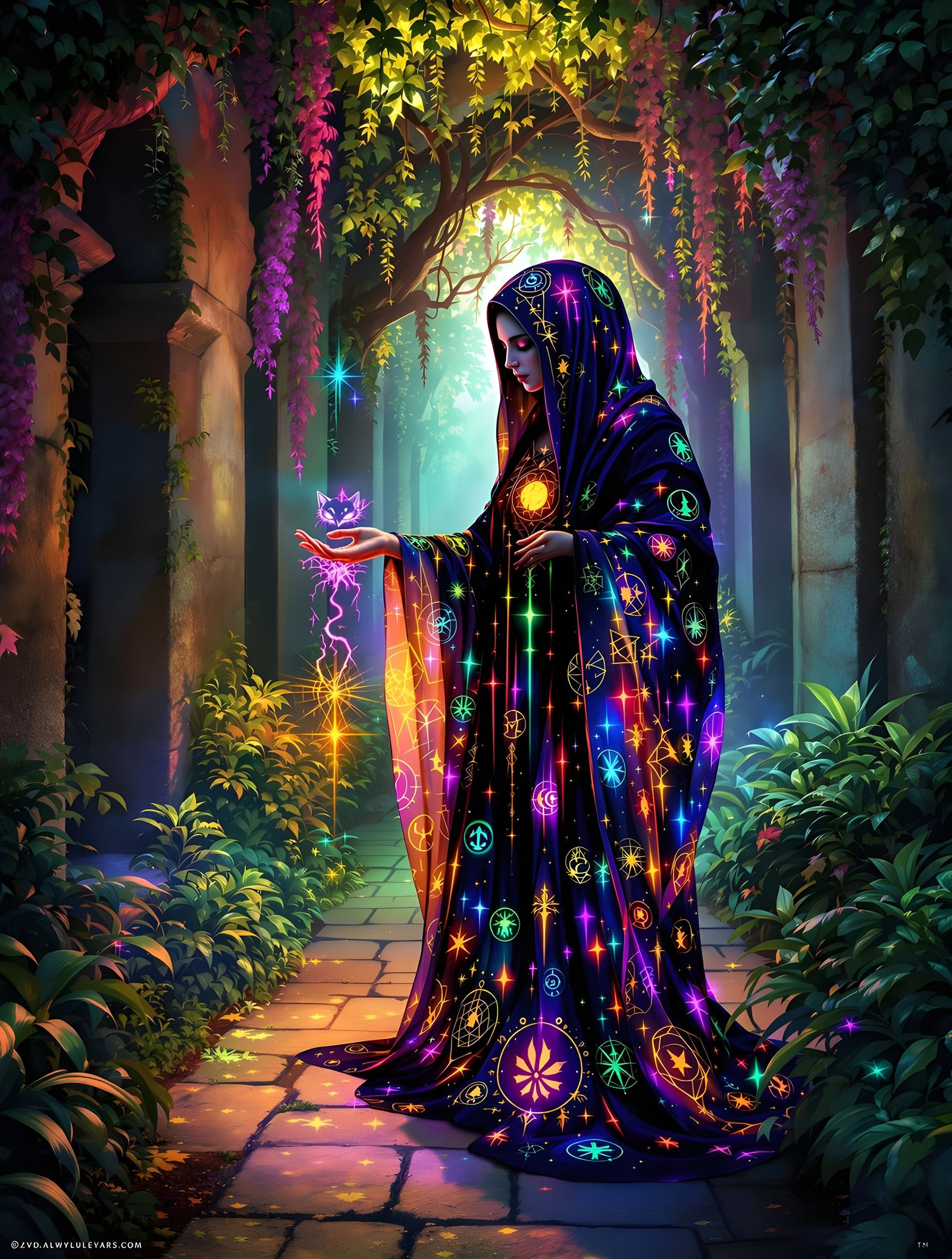 Mystical Priestess with Spectral Cat in Psychedelic Alley