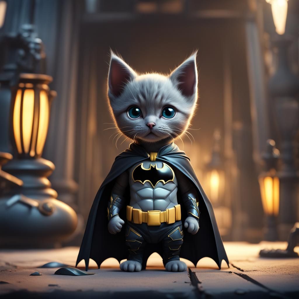 Kitten Dressed as Batman: Detailed Matte Painting