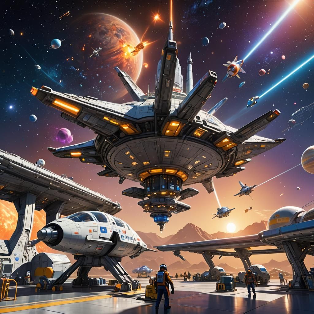 Spaceships Refueling at Star Terminal: Pixar-Style 3D Art
