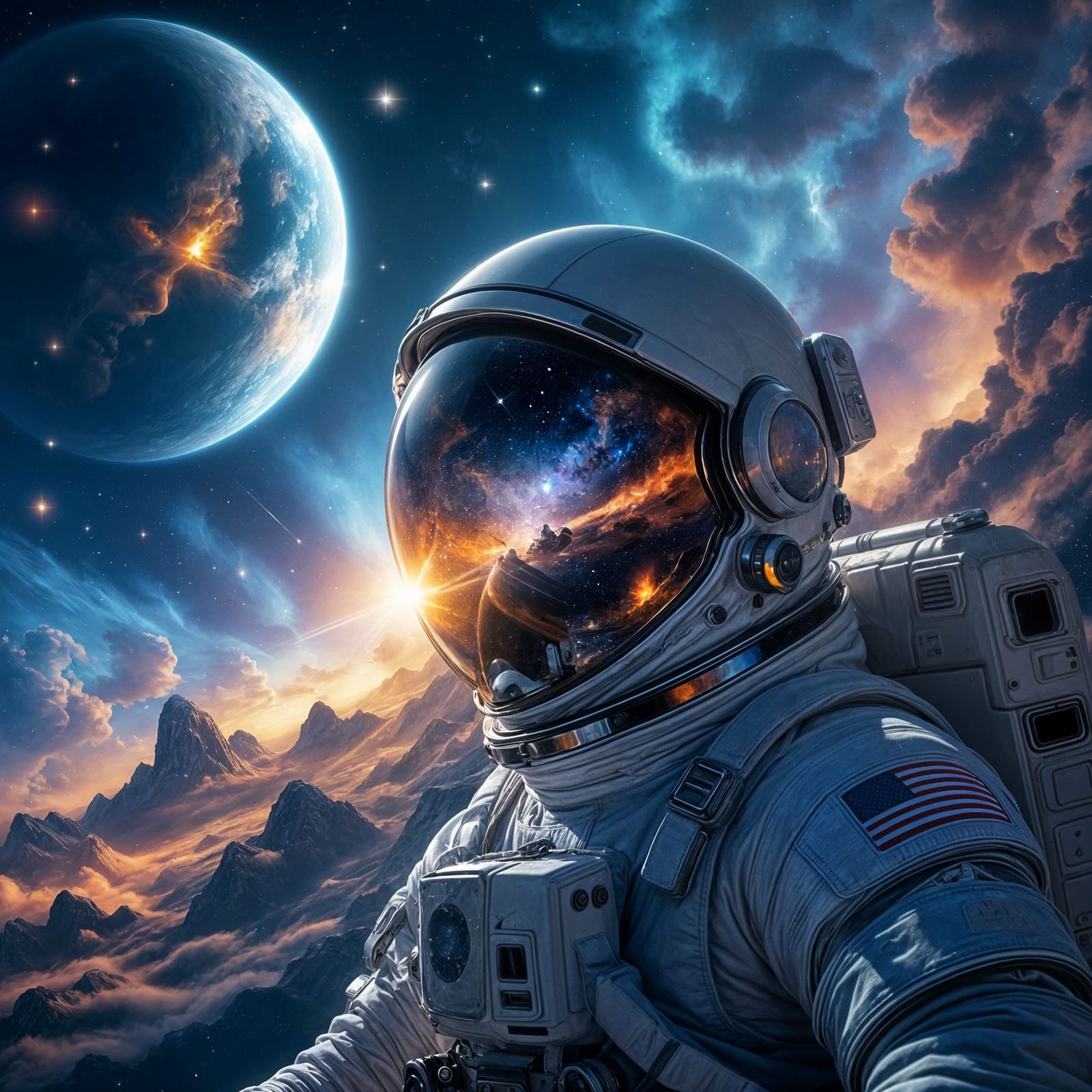 Astronaut Adrift in Nebula Reflecting Alien World