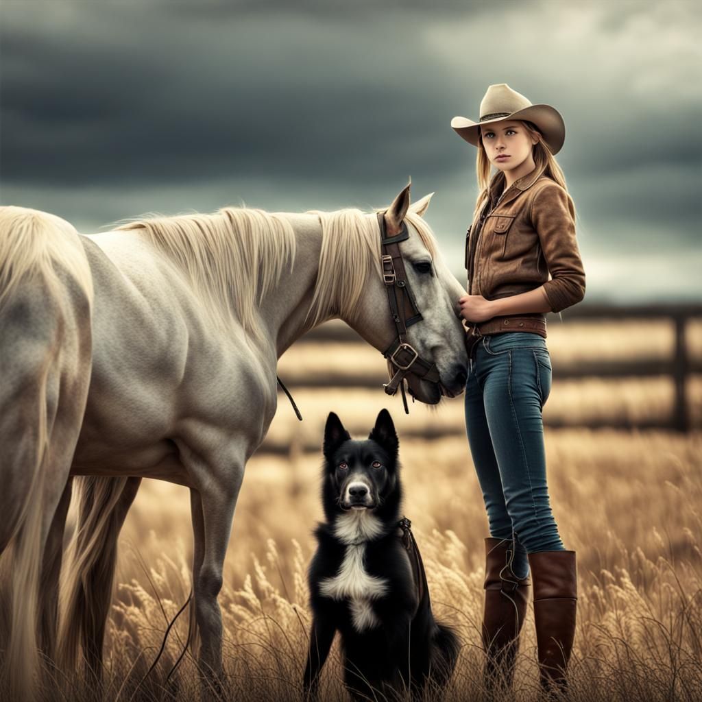 Country Girl and Dog in Horse Field