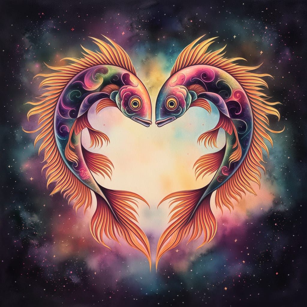Surreal Watercolor Painting of Heart-Shaped Fish in Cosmos
