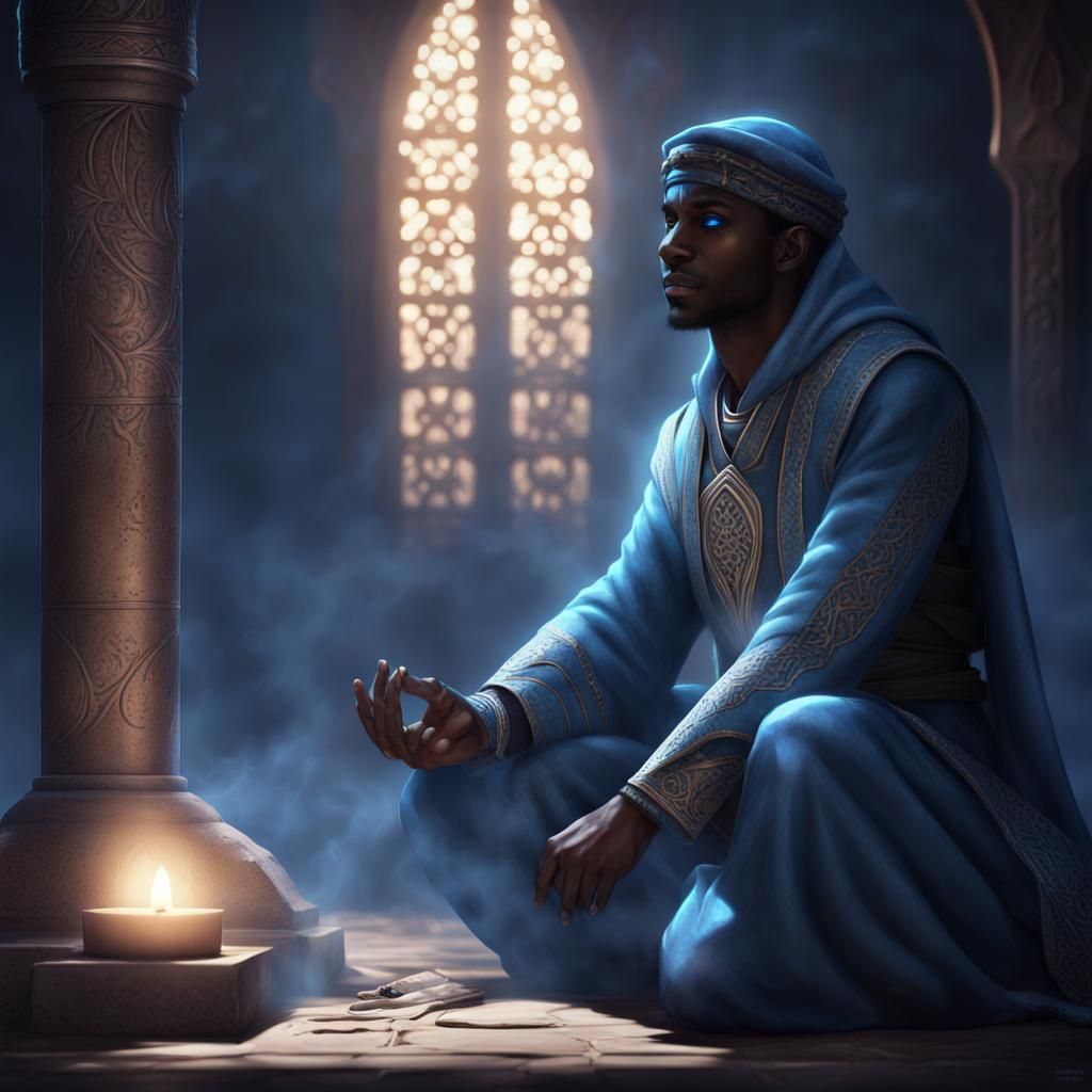 Closeup shot of a young middle eastern Male cleric character with dark skin. His hands glow blue with power. He is kneel...