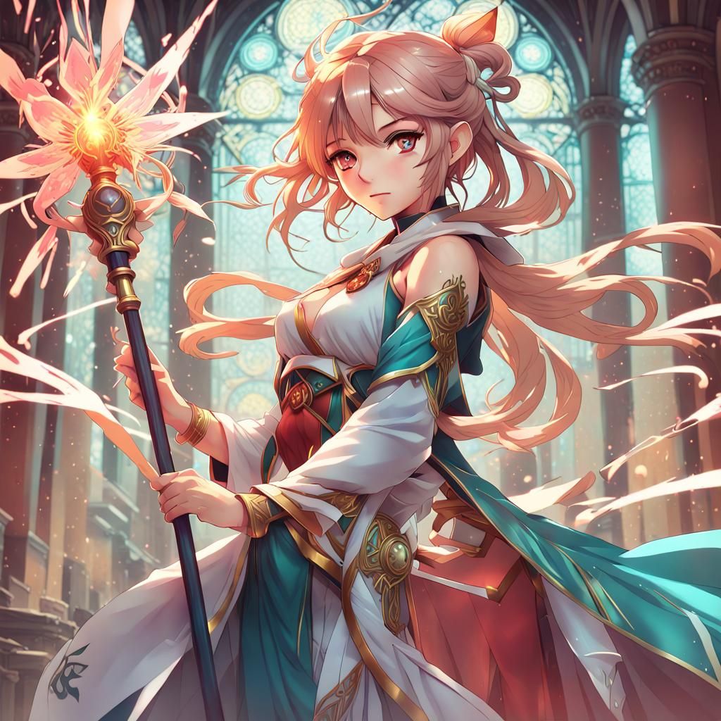 Anime Woman with Staff in Manga Style