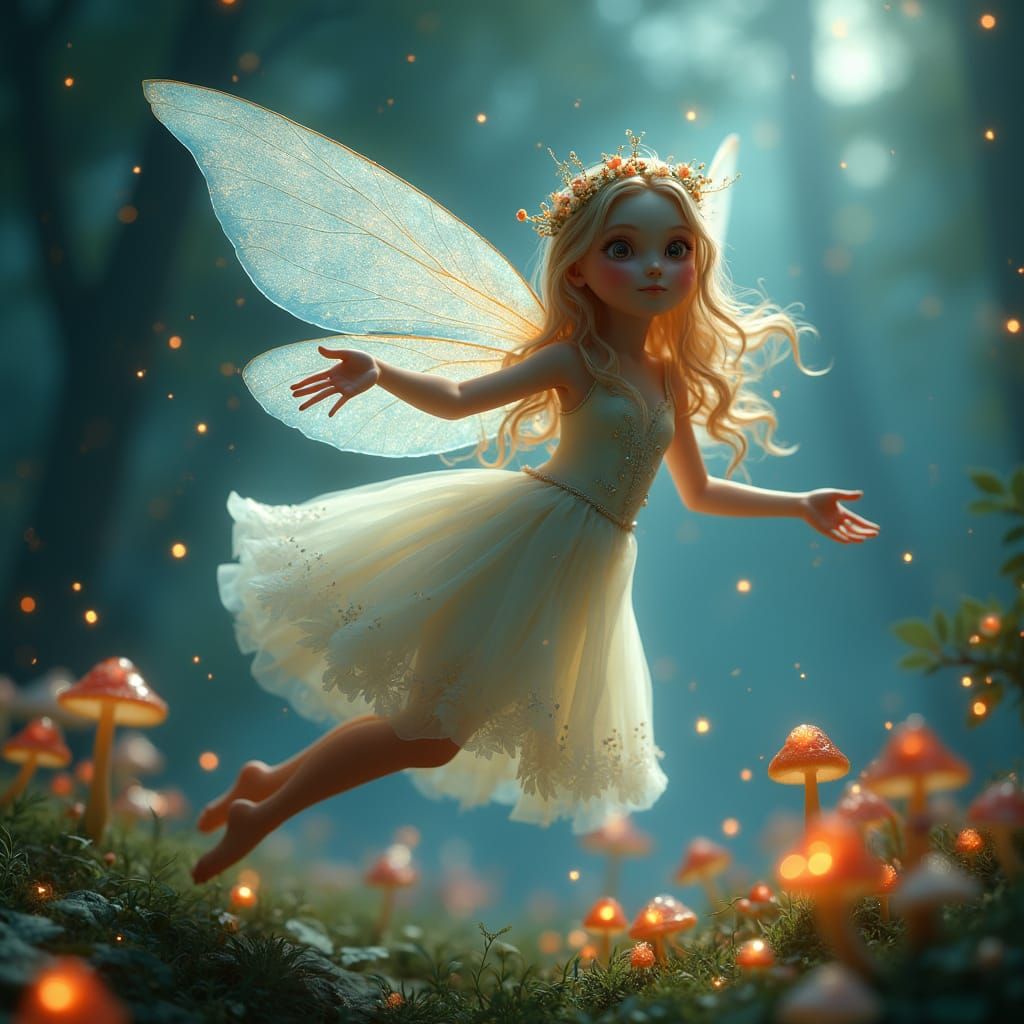 Whimsical Fairy in Enchanted Moonlit Landscape