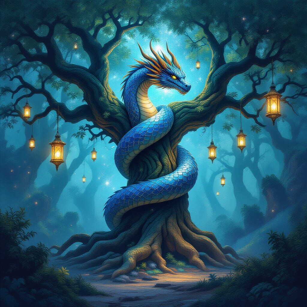 Cosmic Dragon Illuminating Ancient Tree