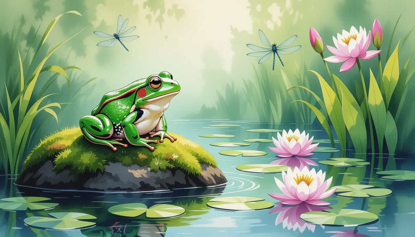 Vibrant Frog on Rock by Pond in Impressionist Style