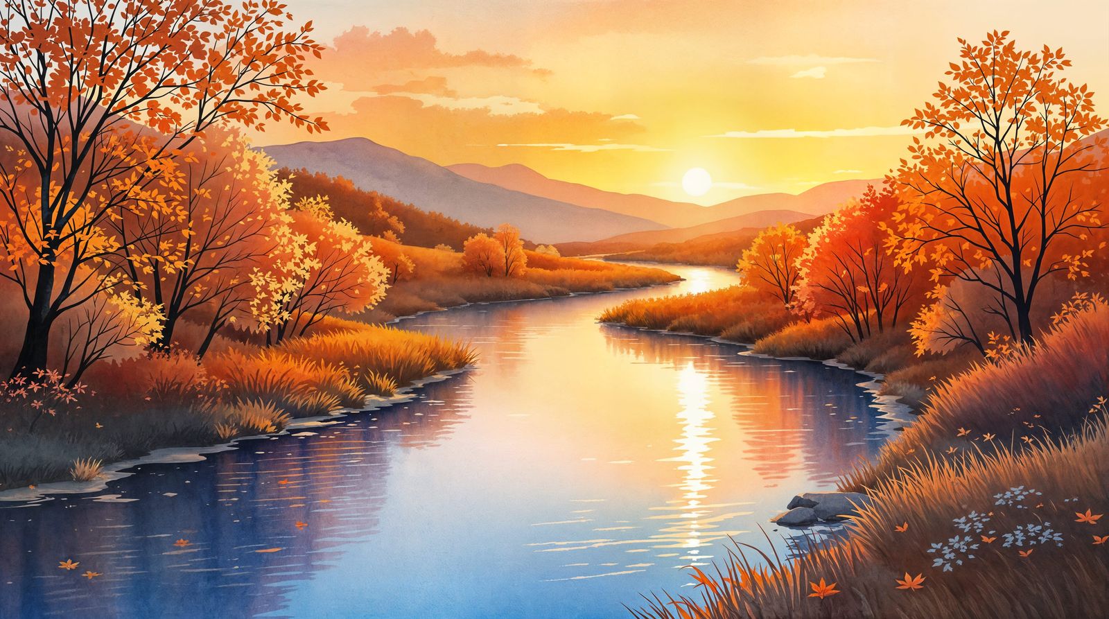 Serene Autumn Landscape Watercolor Illustration