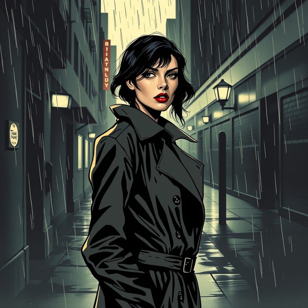 Femme Fatale in Rain-Soaked City