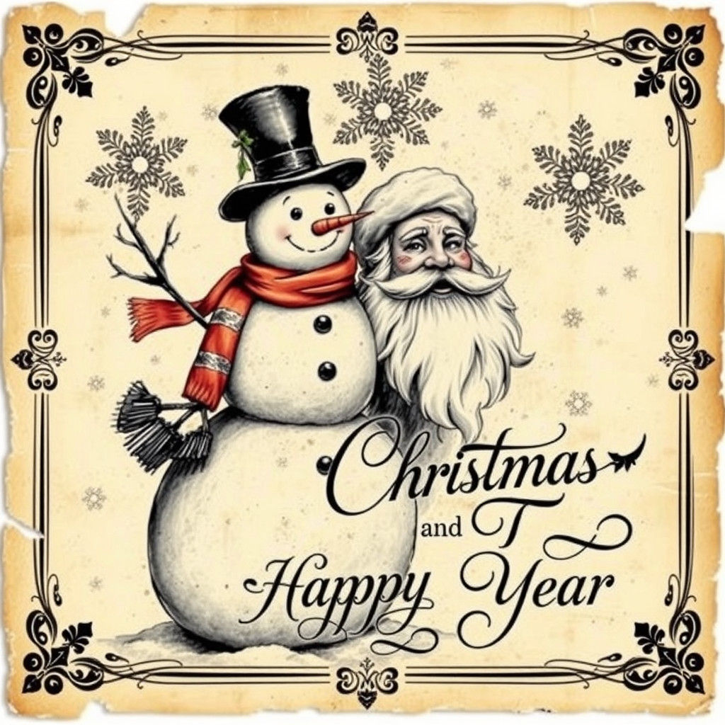 Vintage Christmas Postcard with Snowman and Santa