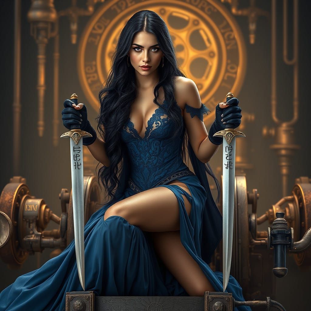Regal Steampunk Warrior in Elegant Blue Gown