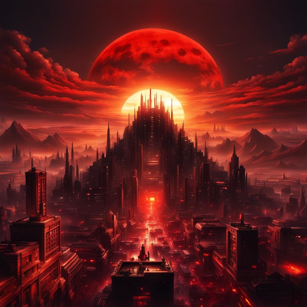 Dystopian City Sunset in Moebius Style