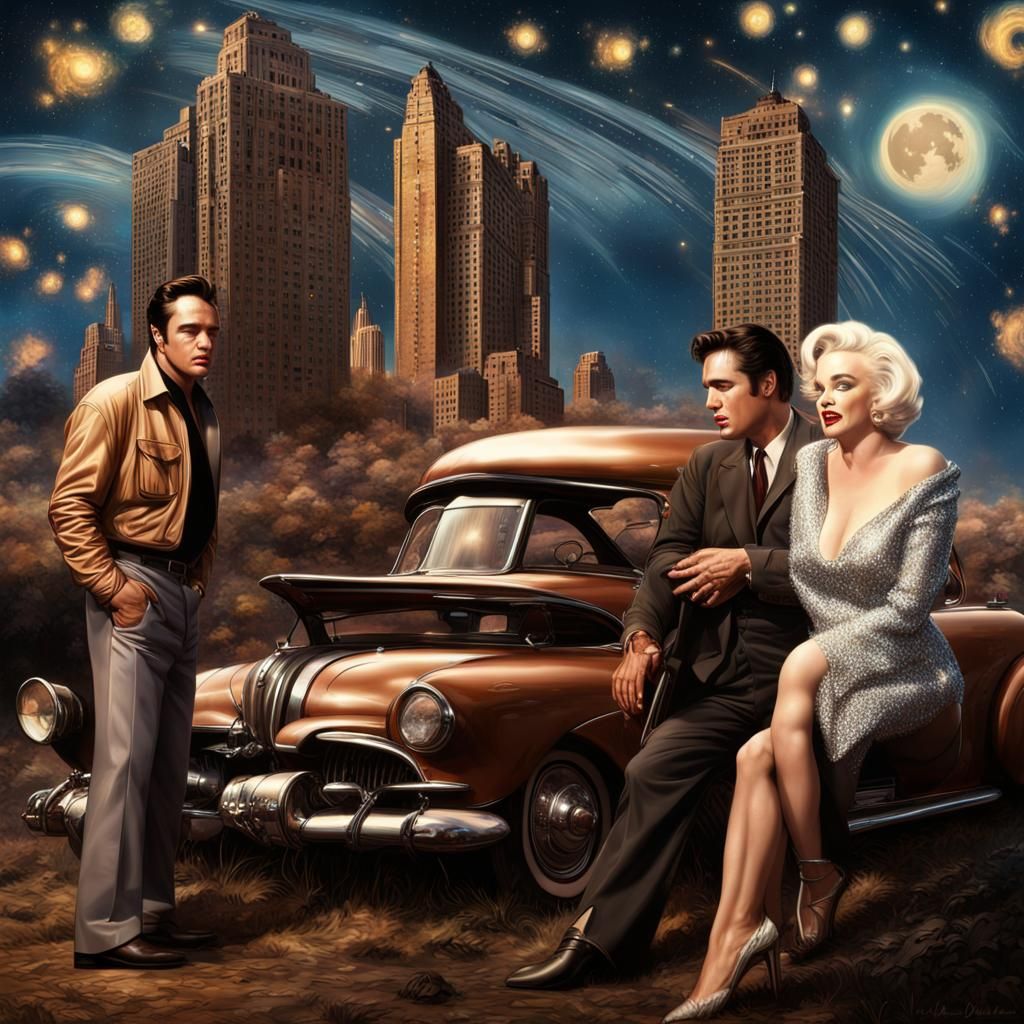 Brando, Presley, Monroe Under Starry Night Sky