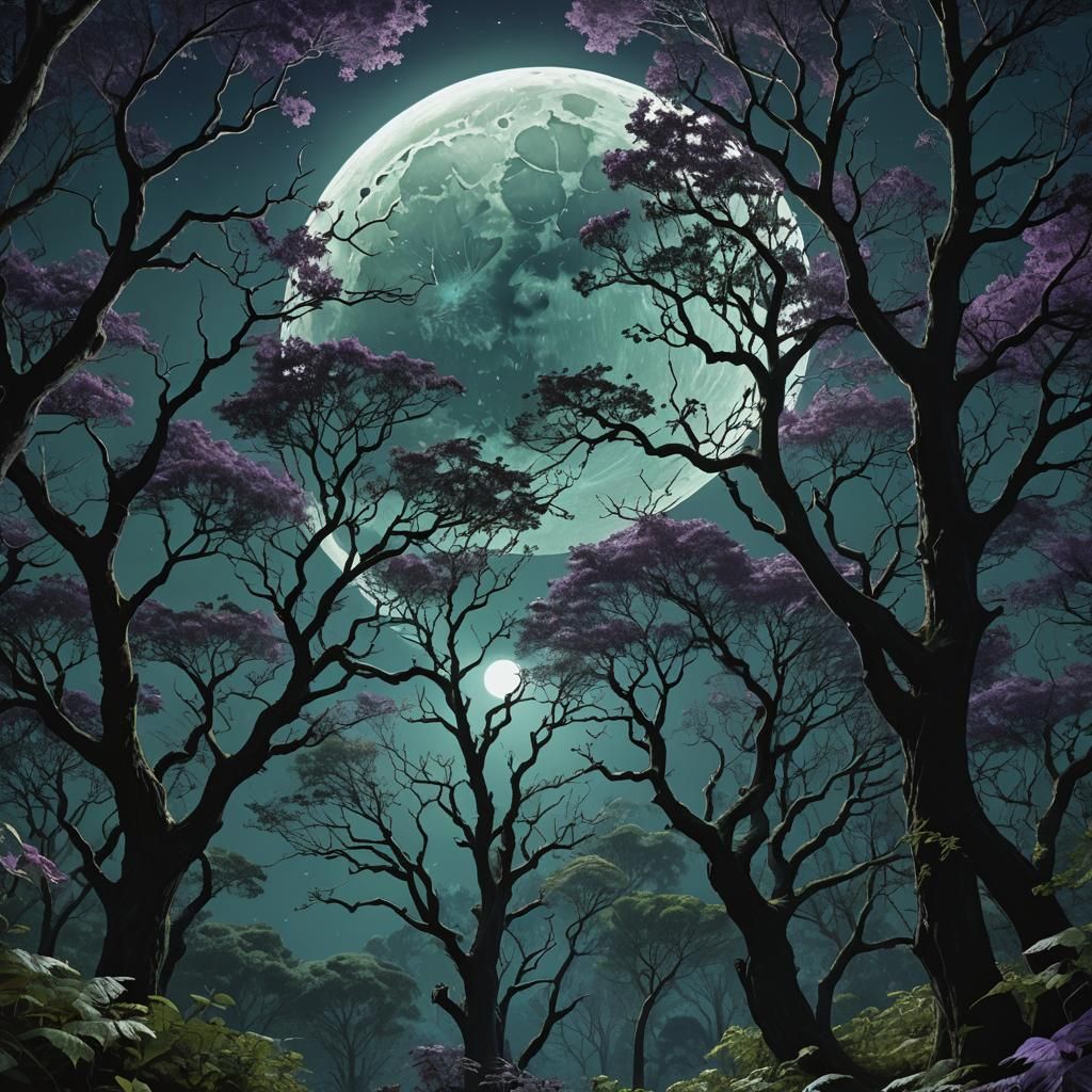 Oversized Moon Envelops Dark Forest: Digital Matte Painting