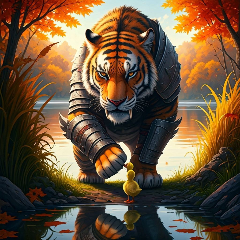 Armored Tiger Boops Duckling in Watercolor Style