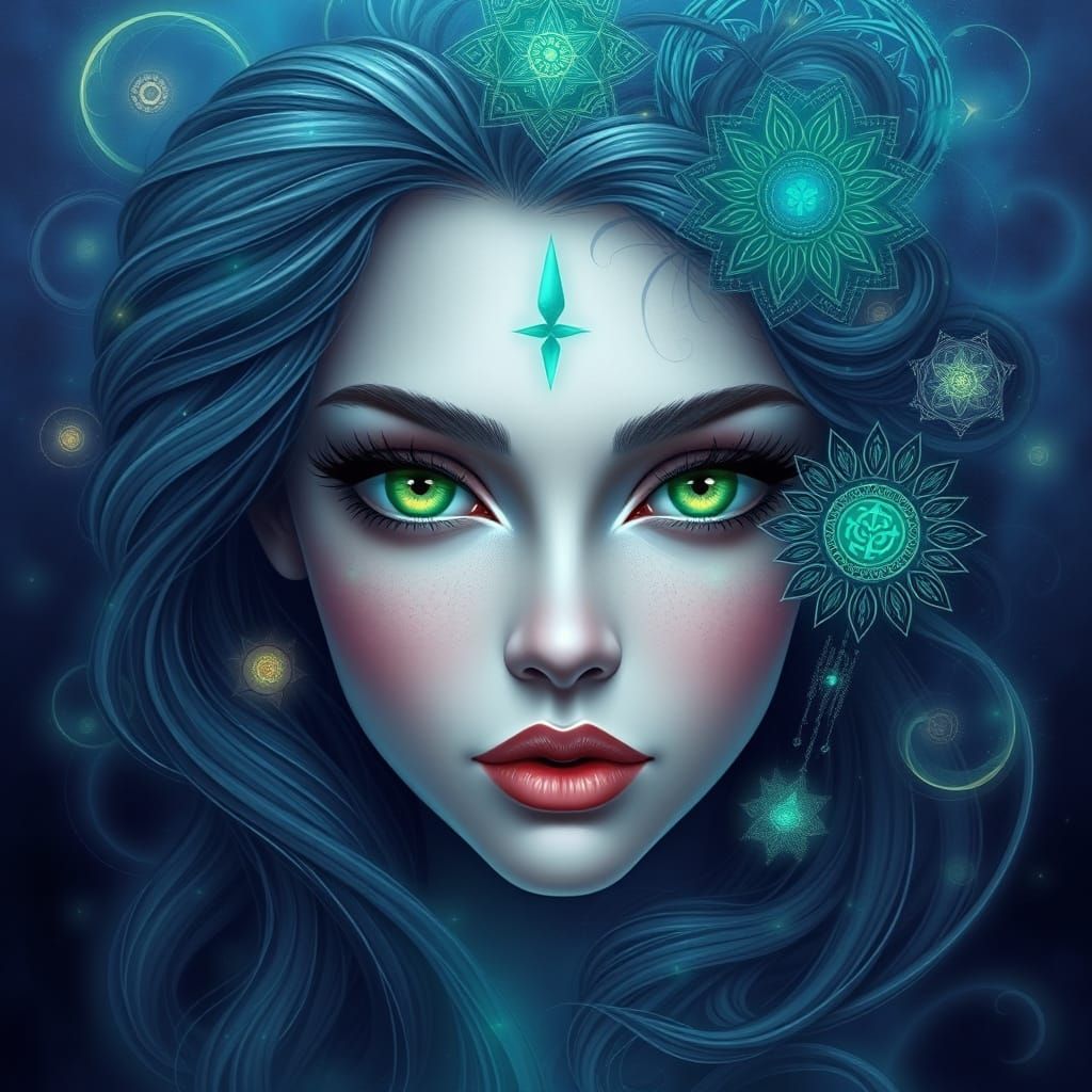 A vibrant digital illustration of a serene female face frame...