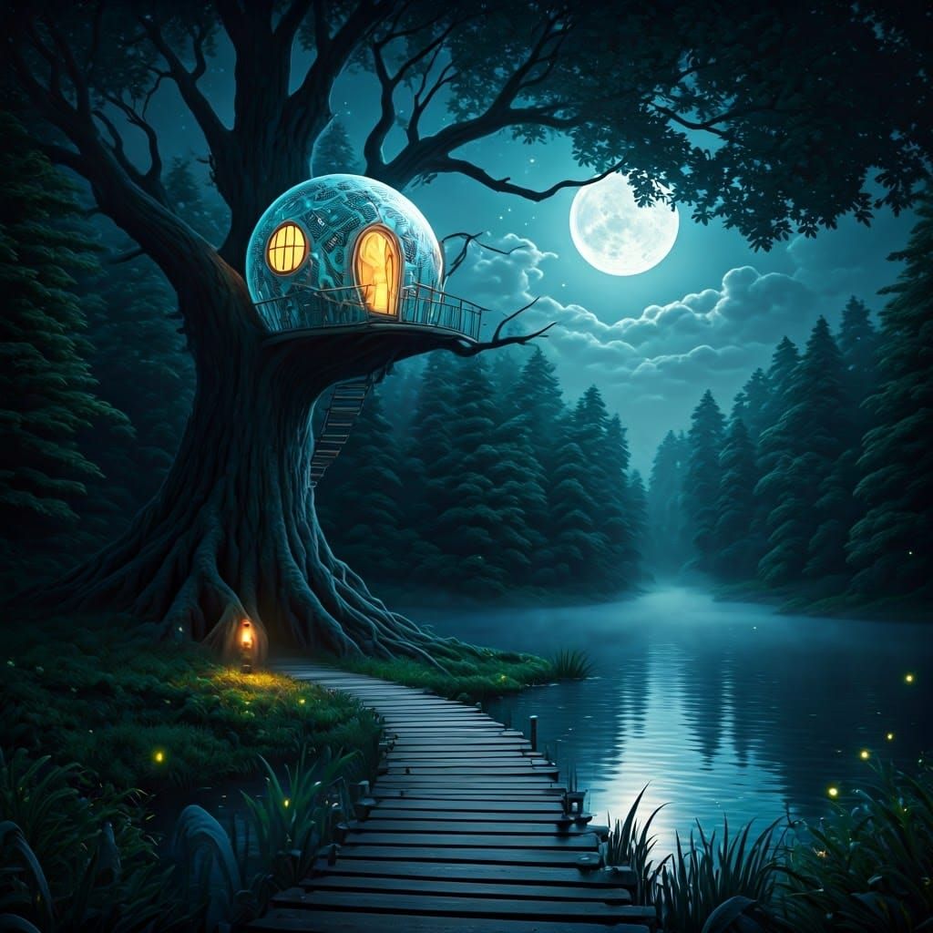 Mystical Forest Treehouse in a Dreamlike Setting