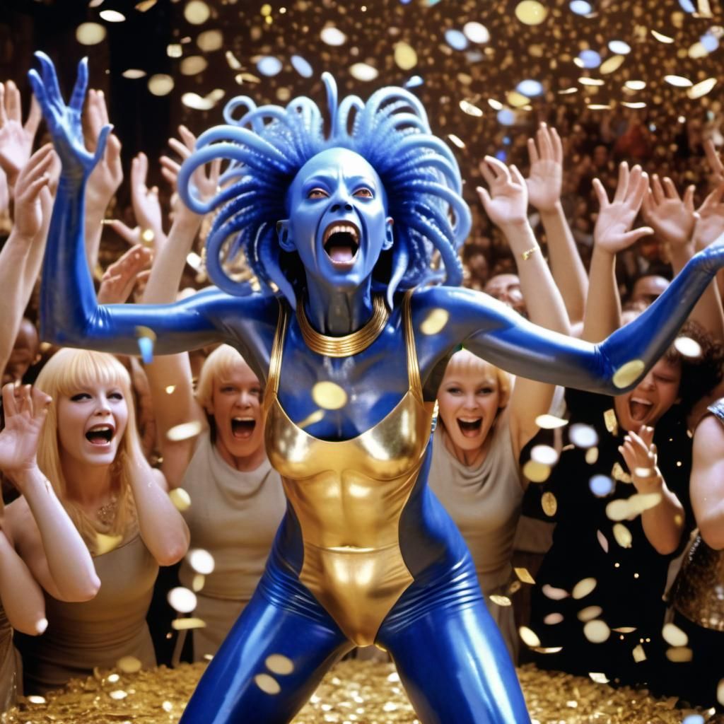 Blue Alien Diva Celebrates on Stage