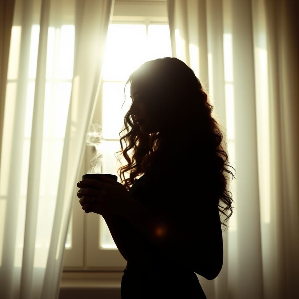 Woman with Coffee Cup in Moody Lighting