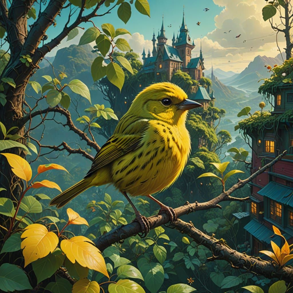 Whimsical Yellow Bird Amidst a Fantastical Landscape