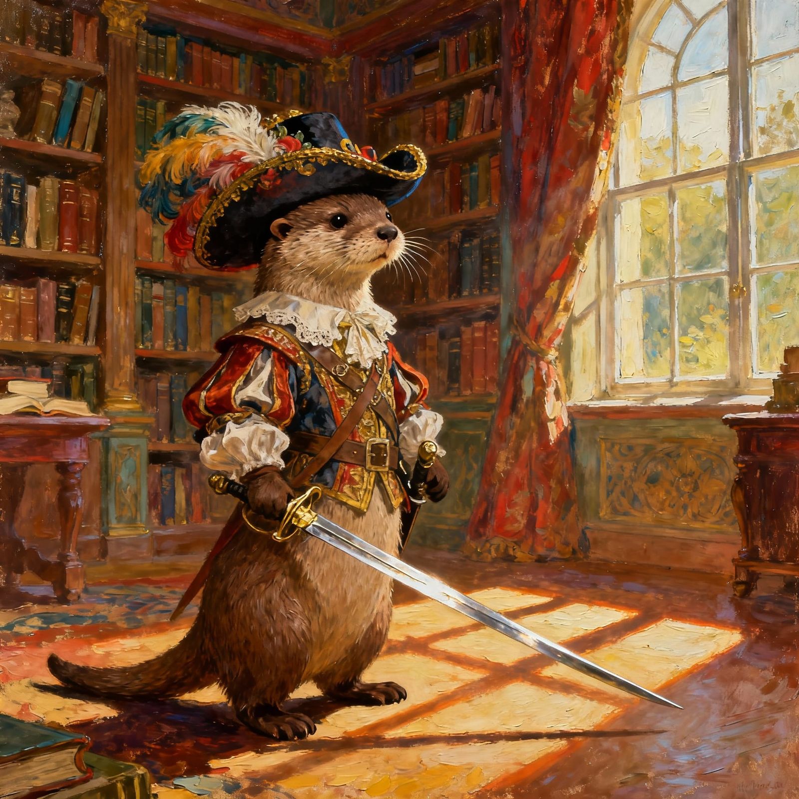 Whimsical Otter Musketeer With Rapier in Library