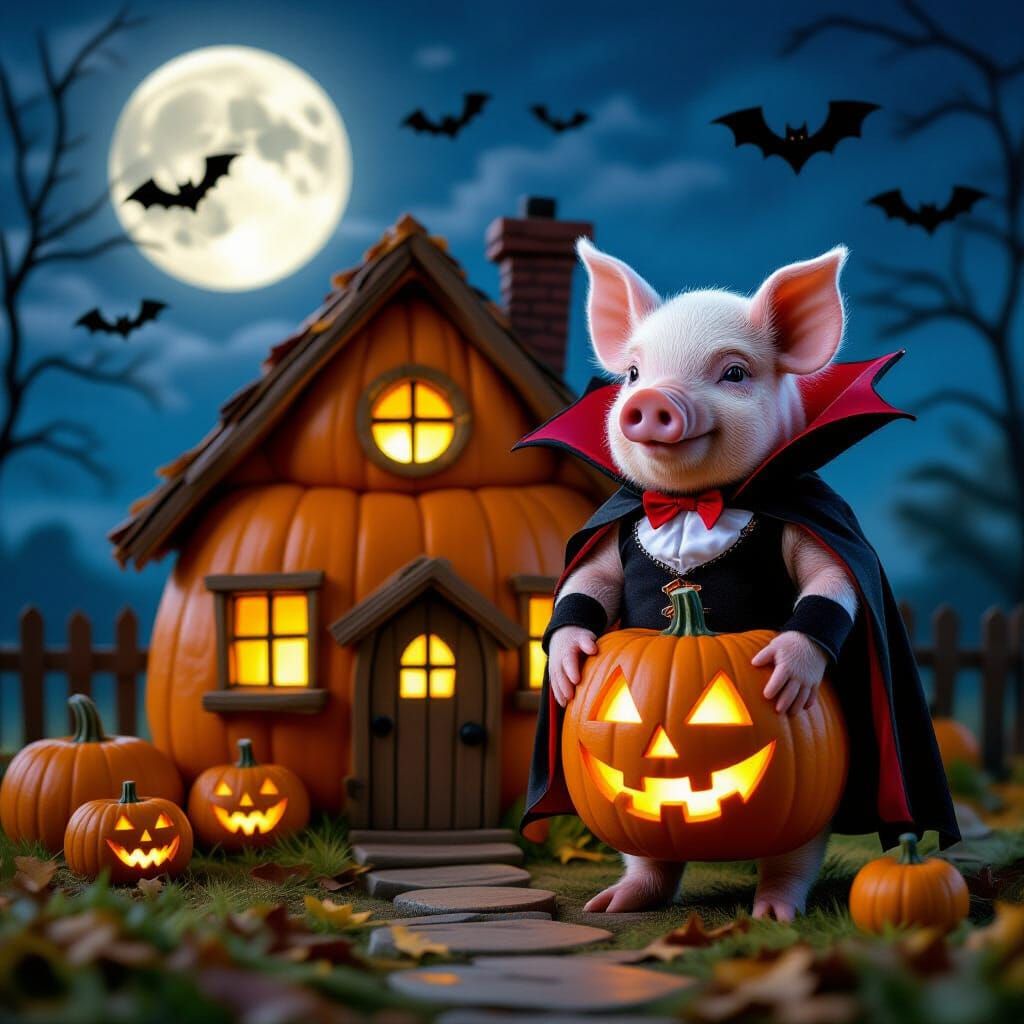 Vampire Piggy's Pumpkin House Under the Moon