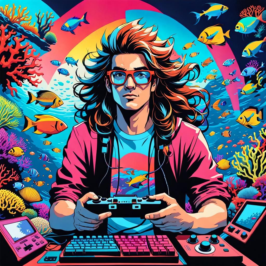 Vibrant Pop Art Gamer Surrounded by Tropical Paradise