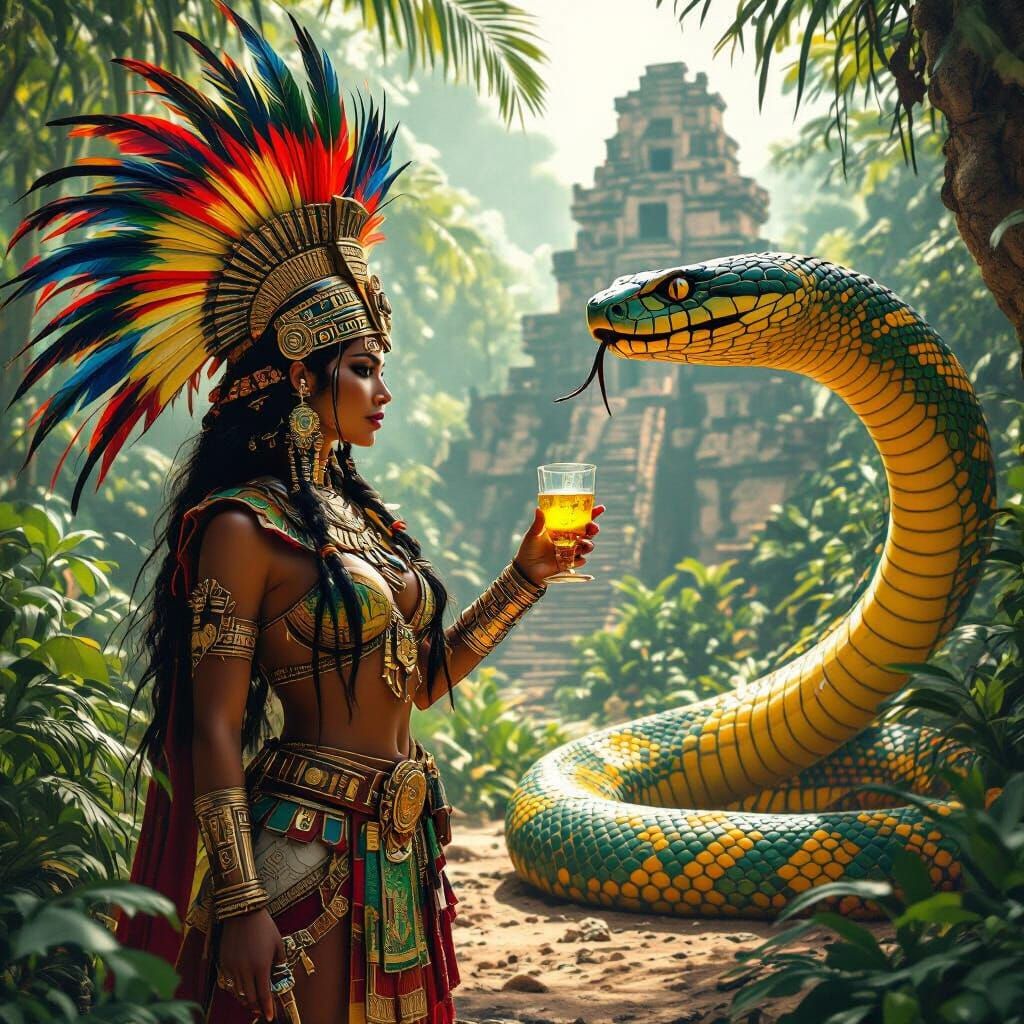 Aztec Priestess Toasting Snake in Forest Clearing