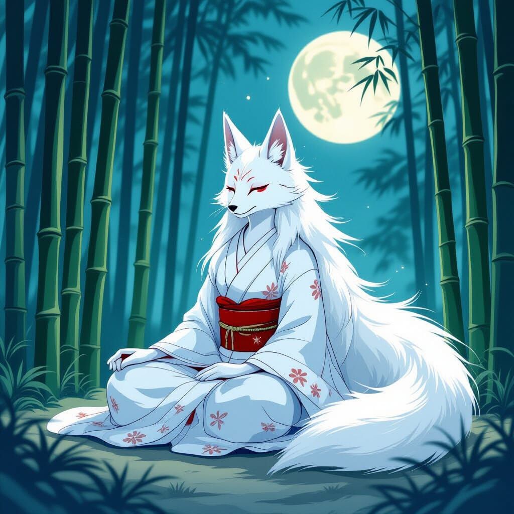 Serene Nine-Tailed Kitsune Meditating in Moonlit Bamboo Fore...