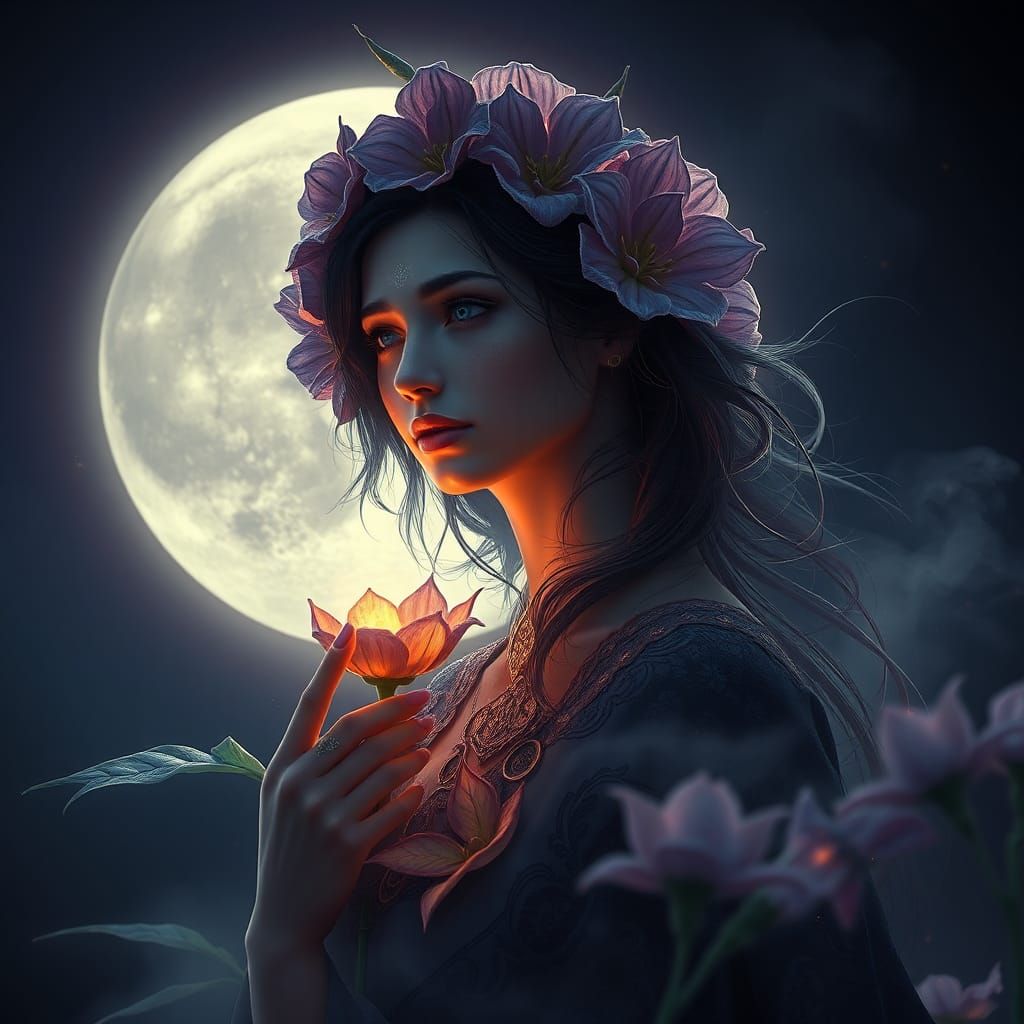 Ethereal Woman Portrait with Moon in Fantasy Art
