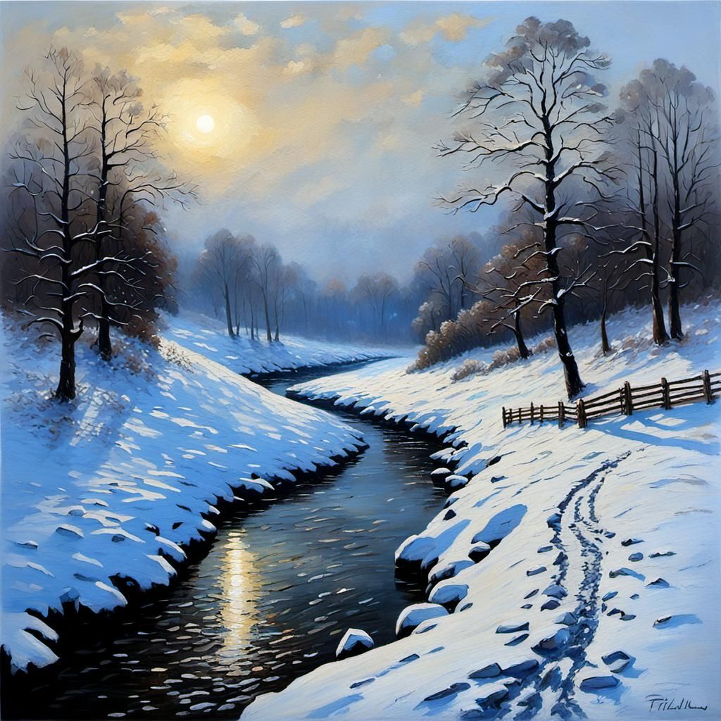 Snowy Country Landscape with Falling Snow as Oil Painting