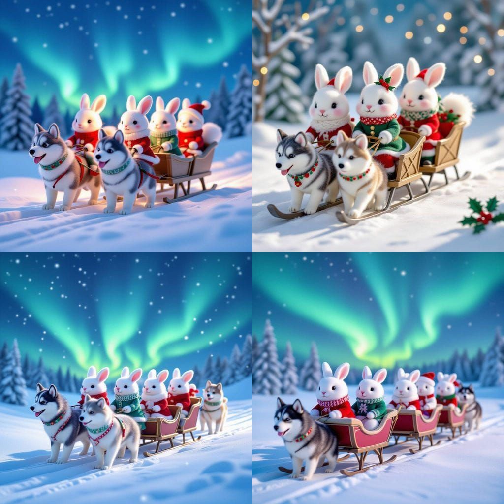 Fluffy White Rabbits in Christmas Outfits Ride Huskies in La...