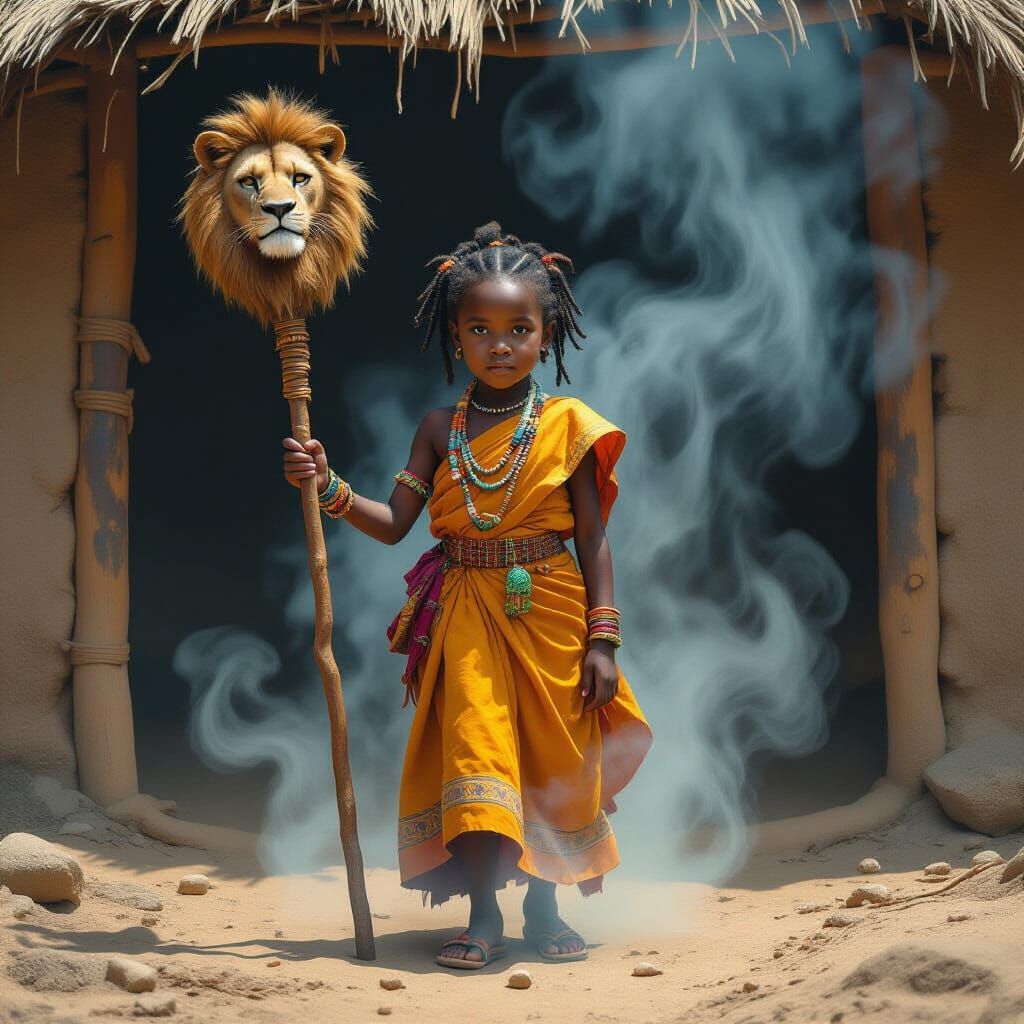 Mystical African Girl With Lion Staff in Misty Hut