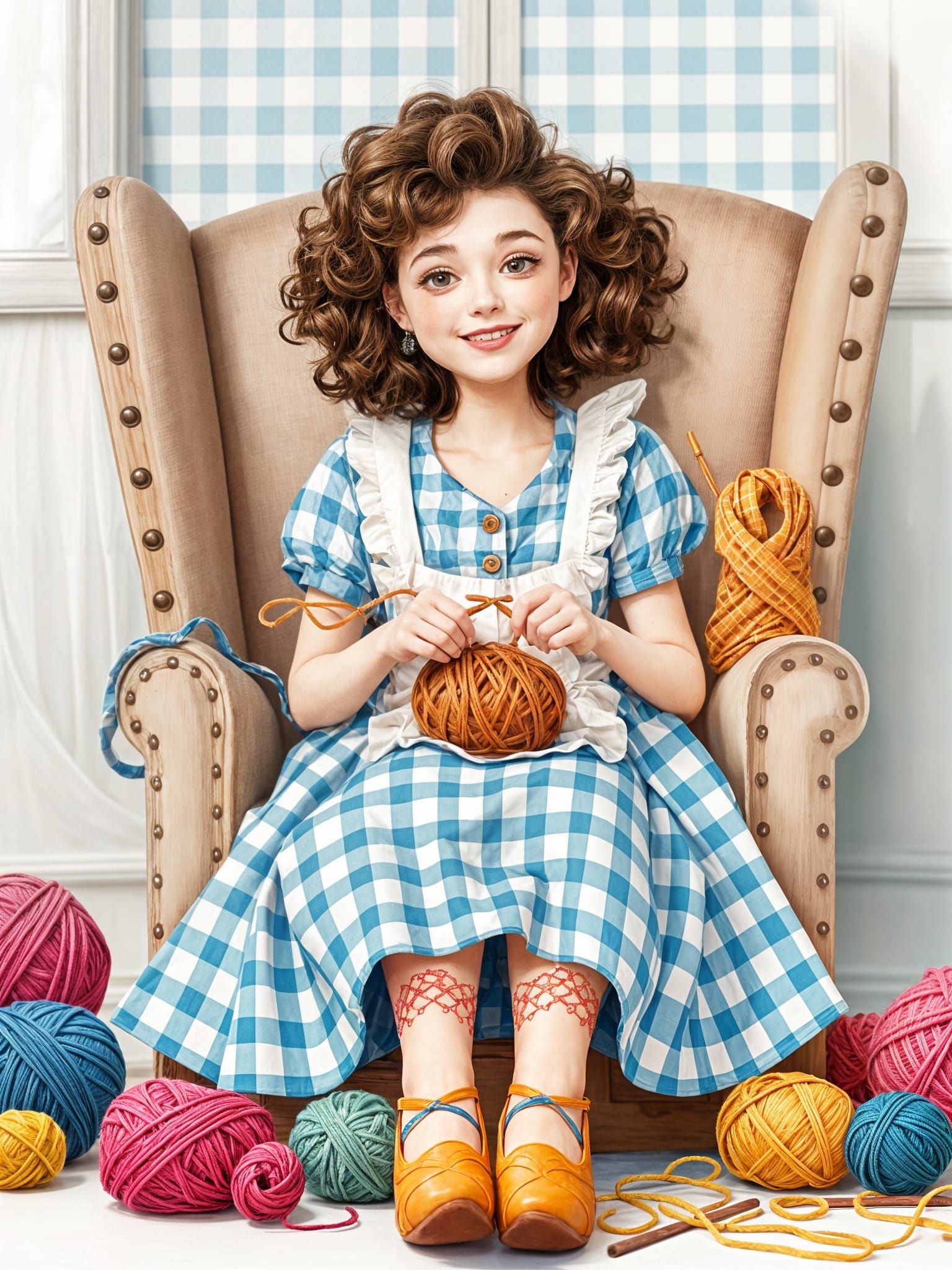 Whimsical Cartoon Lady Prepares to Knit in a Cozy Gingham Se...