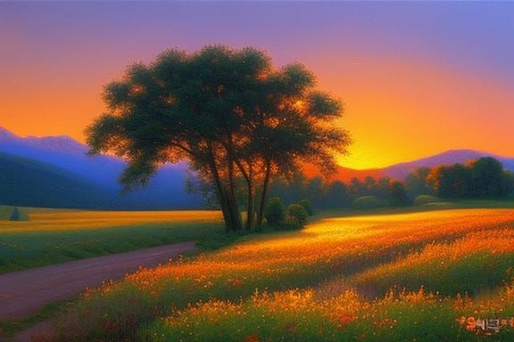Bulgaria during golden hour, an oil painting landscape created by AI