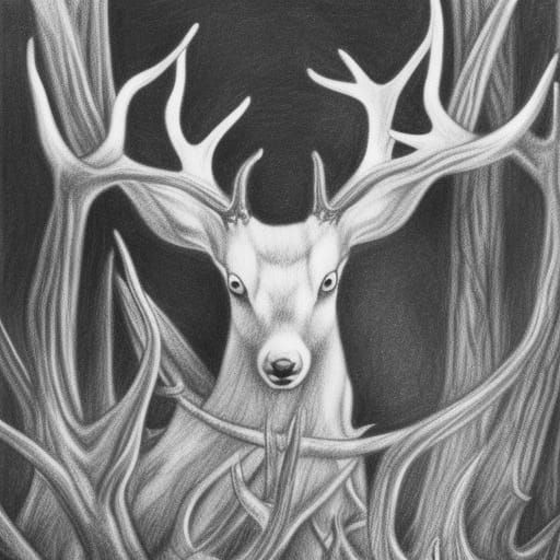 Hyperdetailed Charcoal Drawing: Spirit of the White Stag