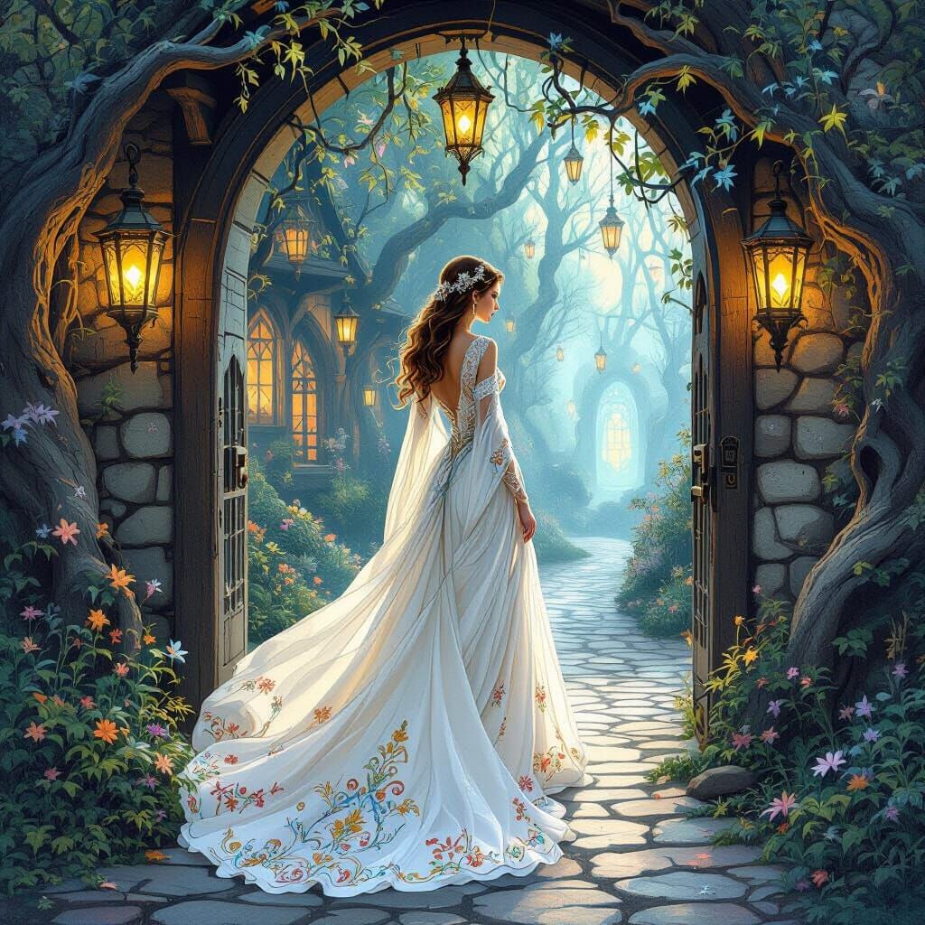 Elegant Queen at Hidden Tavern Entrance, Enchanted Forest