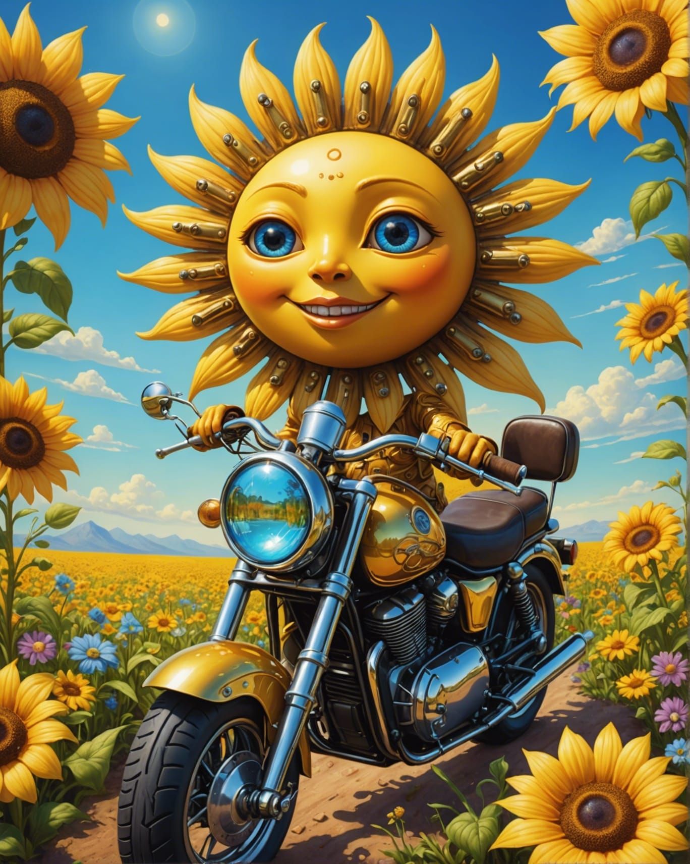 Cute Motorbike Sun in Fantasy Garden, 3D Render