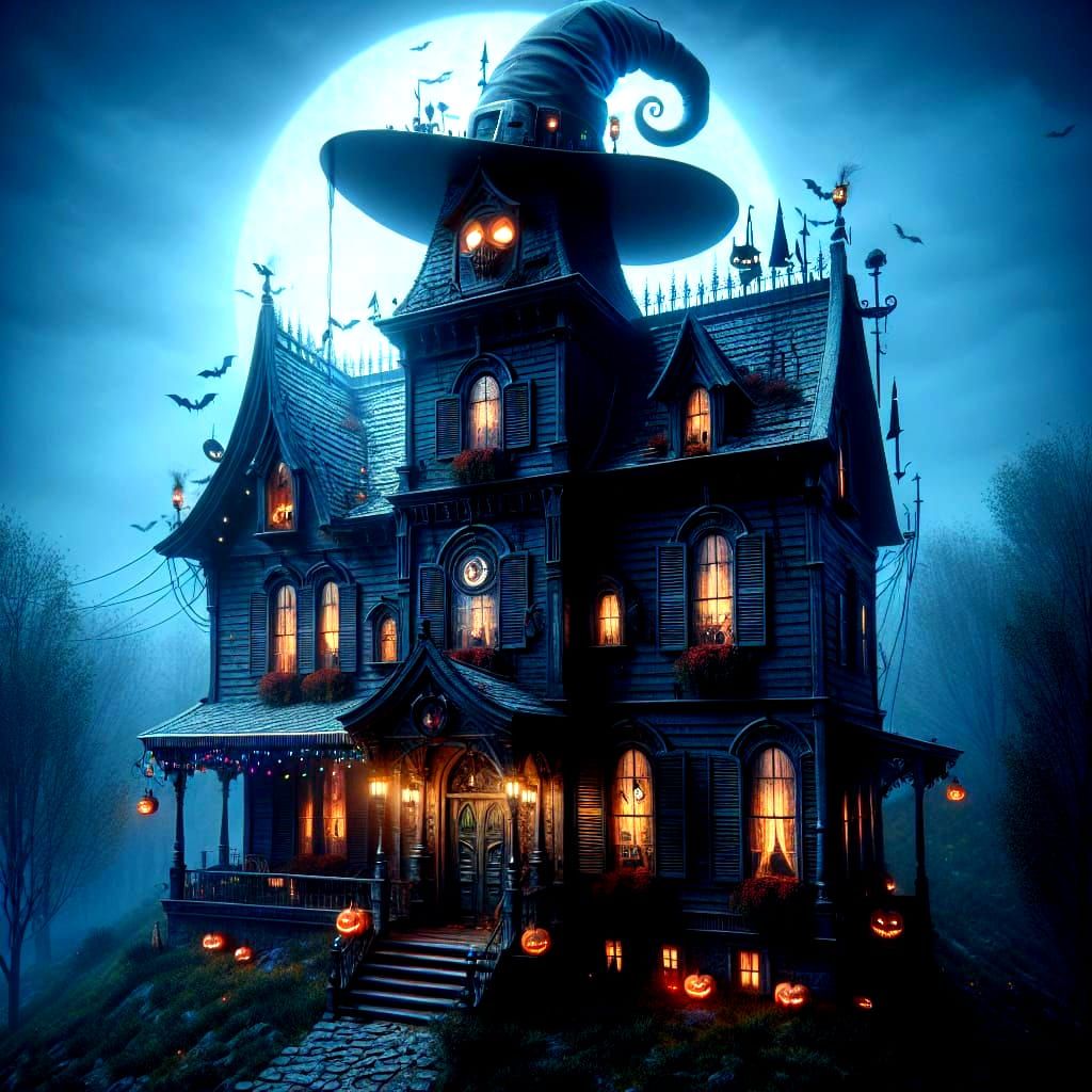 Halloween Witch House with Festive Lights as Digital Art