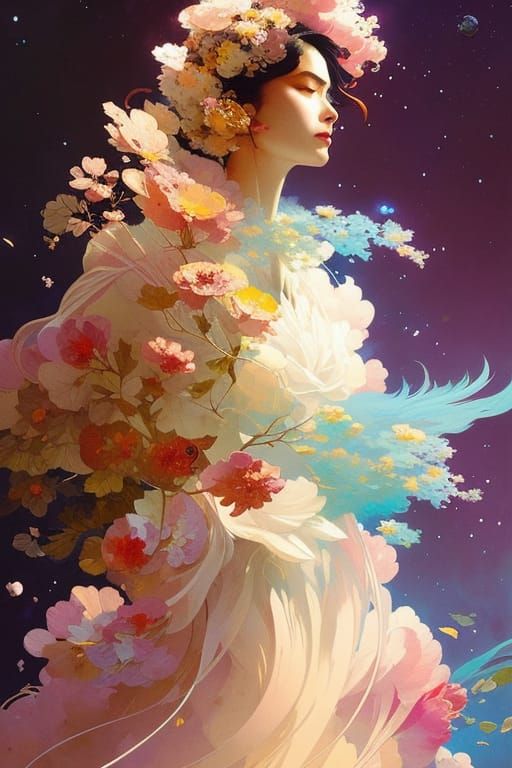 Cosmic Heroine in Floral Embrace: Digital Illustration