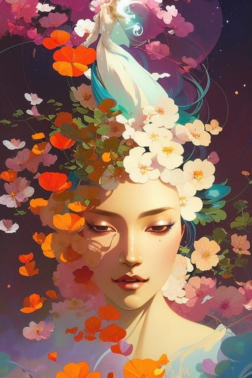 Ethereal Woman Floating in Cosmos, Hyperdetailed Illustratio...