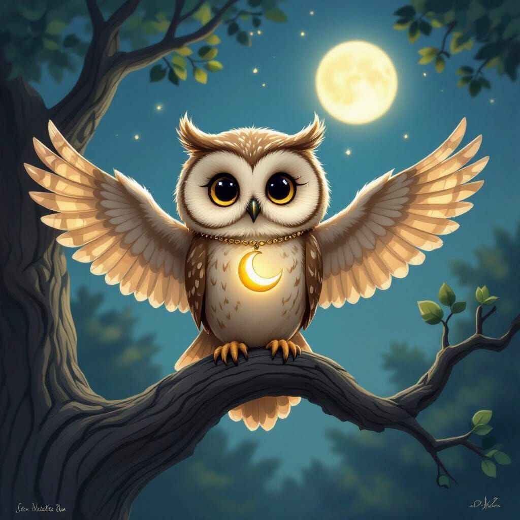 Wise Owl Perched on Branch with Moon Necklace