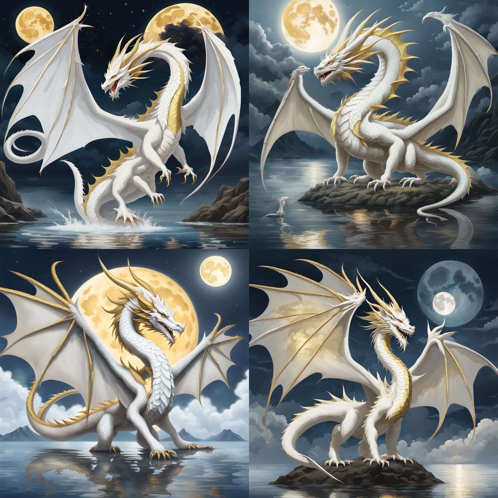 White Dragon with Golden Scales Under Moonlight